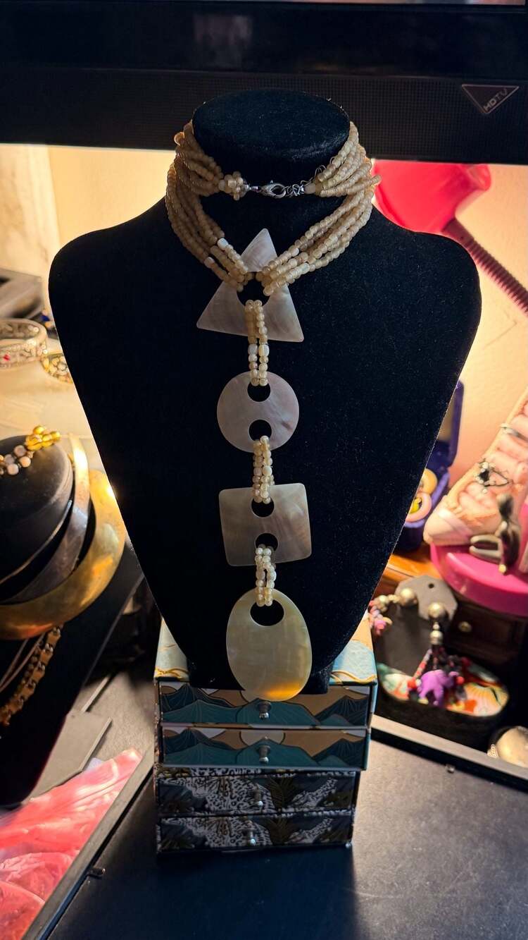 Vintage Multi-Strand Mother of Pearl Geometric Pendant Necklace